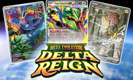 Pokemon Delta-Herrschaft Release: Mega-Rayquaza-ex, Raikou-ex und Zorua Karten mit Delta Reign Logo